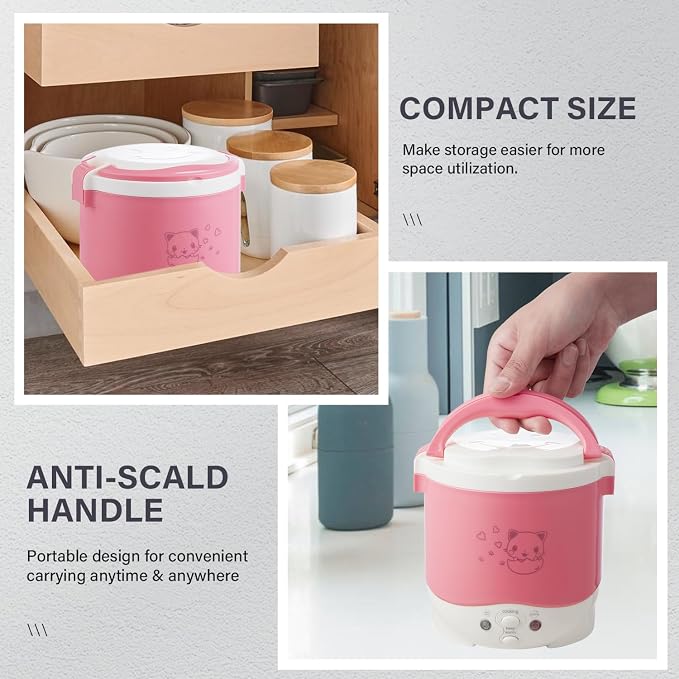 OSBA 12V Rice Cooker for Car 1L Mini Rice Cooker with Steamer, Pink | 2Cup Portable Travel Rice Cooker for 1-2 People, Cooking Heating & Auto Keeping Warm Function, Used as an Electric Lunch Box