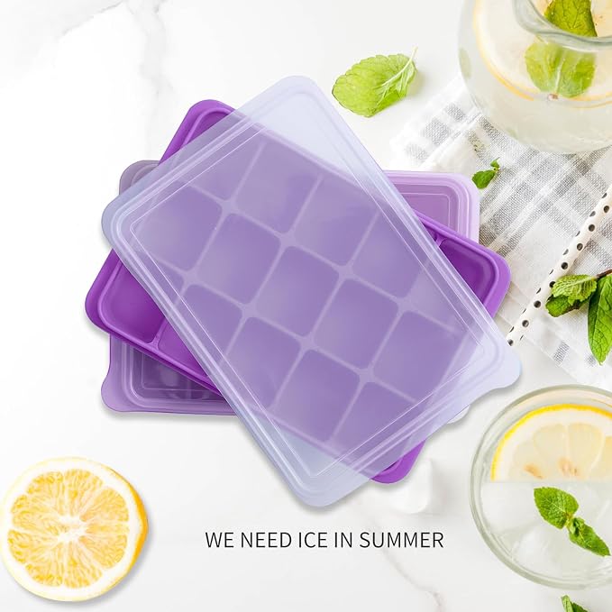 Tvmania Ice Cube Trays Set of 2, 15-Cube Silicone Molds with Removable Lids | Stackable, easy release, BPA-free, reusable, for freezer and whiskey