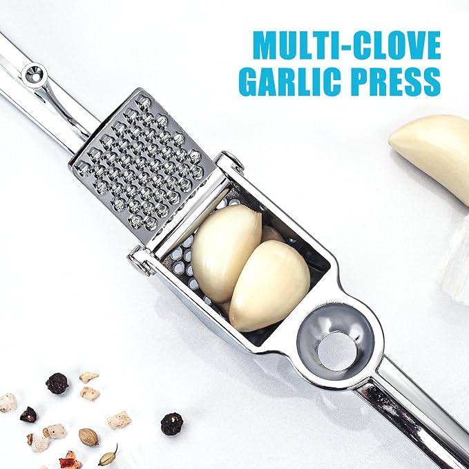 Garlic Press, Premium Metal Garlic Crusher Tool, Heavy Duty Garlic Mincer with Ergonomic Handle, Rust Proof & Dishwasher Safe, Easy to Squeeze and Clean -Silver
