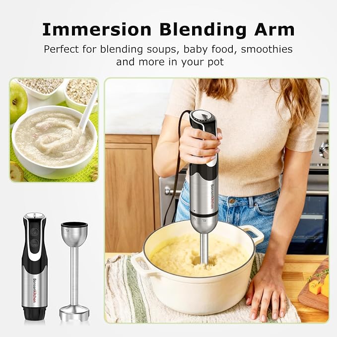Bonsenkitchen Immersion Blender with Food Processor,12 Speeds & Turbo Mode | 4-In-1 Hand Blender with Stainless Steel Blade, Beaker & Chopper Bowl, Stick Mixer for Baby Food,Smoothies, Soups & Sauces
