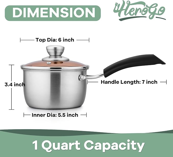 Herogo 1 Quart Saucepan with Lid, 18/10 Stainless Steel Small Sauce Pan Pot, 1Qt Saucepan for Gas Electric Stove Top Camping, Healthy & Rust Free