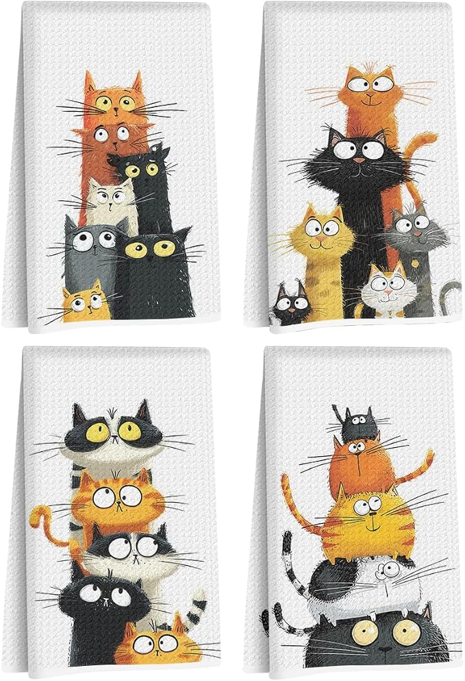 4 Pcs Cute Cat Kitchen Towels, Funny Cats Gifts Absorbent Hand Towels-05 | Cat Dish Cloths for Drying Dishes, Cats Waffle Dish Towels for Kitchen Home Bathroom Decor, Cat Lover Gifts for Women Mom