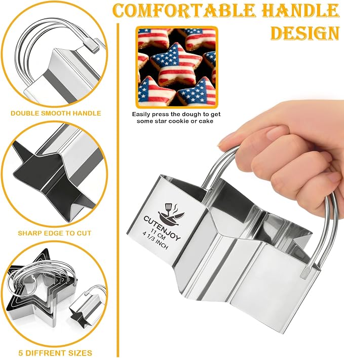 Star Cookie Cutters (5 Pieces/Set), Biscuit Cutter Set with Handle | Professional Baking Dough Cutter Tools for Cakes, Sandwiches, Donuts, Dumplings