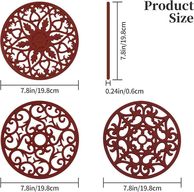 Silicone Trivets Mats for Hot Pots and Pans, Multi Purpose Trivets Mat -Heat Resistant Silicone Trivet Intricately Carved Hot Pads Set of 6 (E: Style 1-Red)