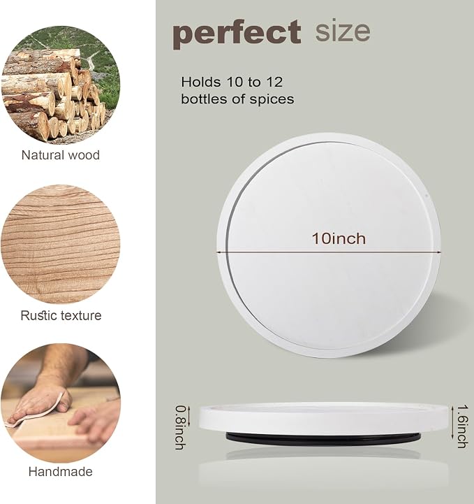 Wood Lazy Susan Turntable Kitchen Decor Round Table Tray, 10" White | waterpoof, East clean, Non-slip, Pantry Table Decorative Tray for condiment, spice