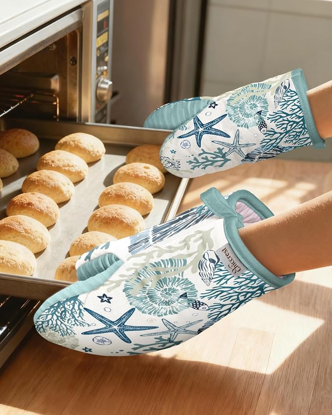 100% Thick Cotton Mini Oven Mitts Silicone Grip Blue Ocean | Girly Cute Oven Mitts for Women, Machine Washable, Non-Slip, Reversible Design Fits Both Hands, Stylish Kitchen Decor
