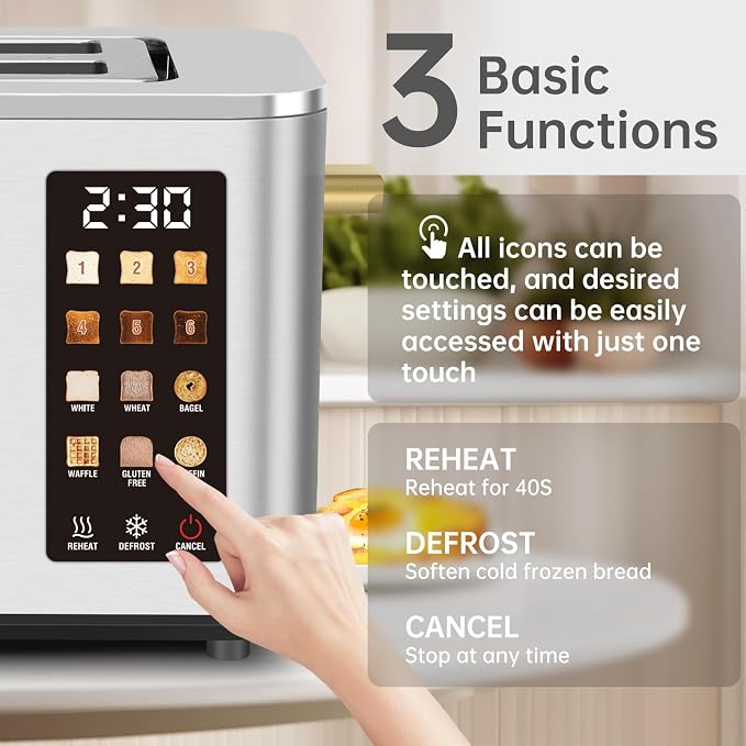 SEEDEEM Touchscreen Toaster 2 Slice, Stainless Steel, 6 Shade, 900W, Silver