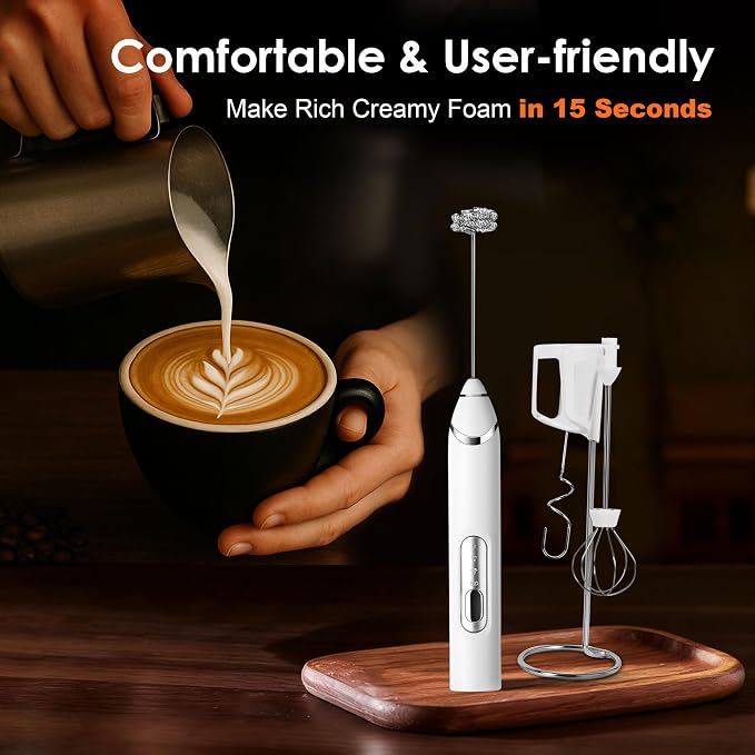 Rechargeable Milk Frother with Stand,Coffee Frother,Drink Mixer（White） | Rechargeable Mixer Wand, Electric Whisk for Protein Powder, Lattes, Cappuccino,Matcha, 3 Variable Speeds 3 Whisks