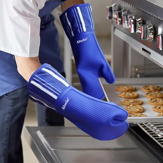 Alselo Silicone Oven Mitts Set, Heat Resistant 550 Degree,7.5"x16" | Extra Long Kitchen Mittens,Waterproof & Non-Silp Oven gloves for Baking Cooking Barbecue Microwave (Extra Long Navy, 2)