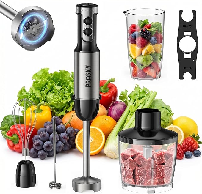 Immersion Blender Handheld 1200W, 20-speeds, 5-in-1 Handheld Mixer | Mining Beaker,Chopper,Whisk, Frother and Stick Blender Suitable for Kitchen, Protein Shakes and Baby Food - Silver