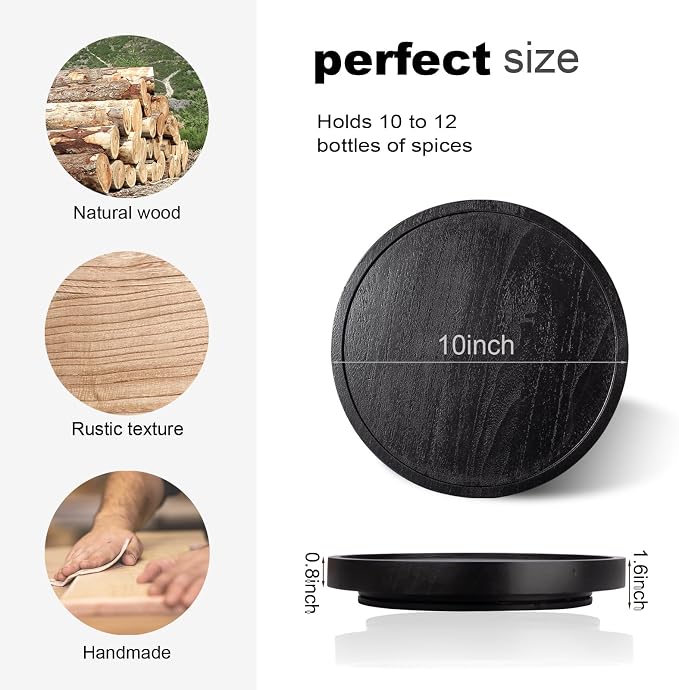 Wood Lazy Susan Organizer Kitchen Turntable for Cabinet Farmhouse Bathroom Decor Round Decorative Tray for Vanity, Counter, Sink, Coffee Table, 10 Inch, Black | waterpoof, East clean, Non-slip, Pantry Table Decorative Tray for condiment, spice
