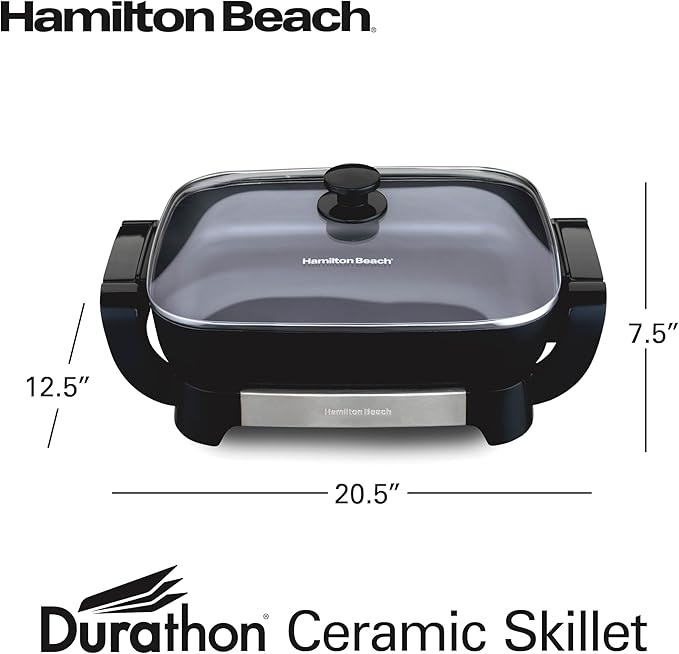 Hamilton Beach Large Electric Skillet With Lid | PFAS-Free Durathon Ceramic 12" x 15” Removable Pan | Adjustable Temperature | Reversible Design | Black Non-Stick Surface