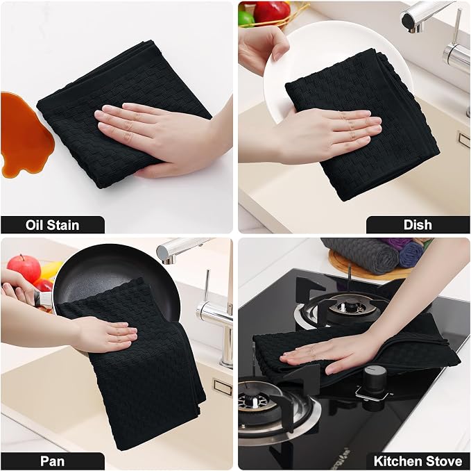 Homaxy 100% Cotton Terry Kitchen Towels(15" x 25", 4 Pack), Black | Soft and Super Absorbent Dish Towels, 380 GSM Reusable Tea Towel with Hanging Loop, Pineapple Grid Designed