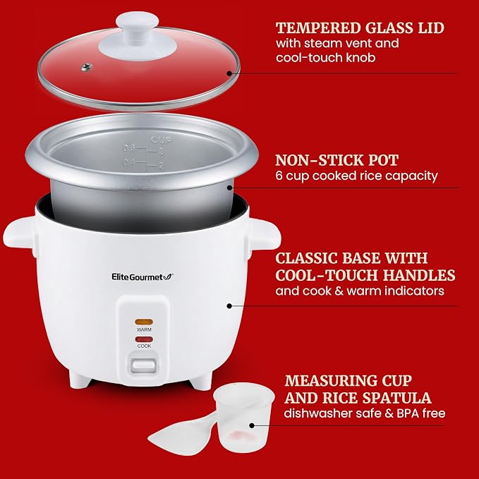 Elite Gourmet ERC-003X Rice Cooker, Keep Warm, White, 6 Cups Cooked | 3 Cups Uncooked - Also Makes Soups, Stews, Grains and Hot Cereals for Versatile One-Pot Meals