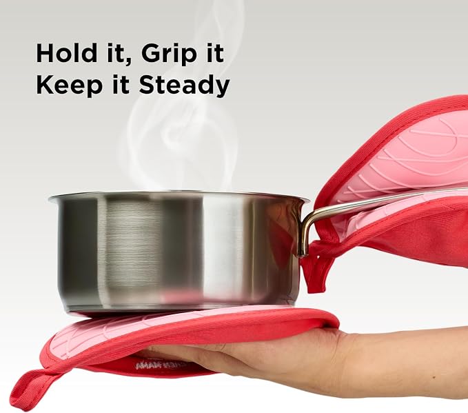 Kitchen Mama Silicone Pot Holders, Red | Heat Resistant, Non-Slip Surface, Dual Pocket Design, Soft Cotton Lining