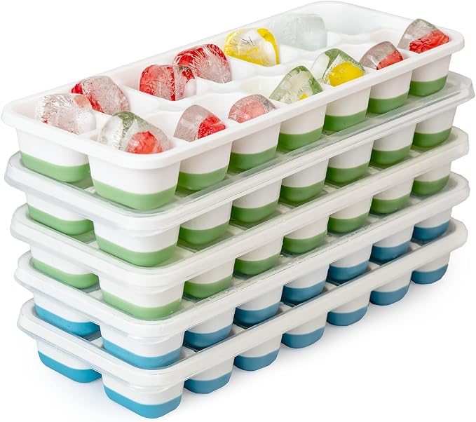 Ice Cube Trays for Freezer – 5 Pack 70 Cubes Total, Reinforced Snap Lids That Stay Closed, Silicone Push-Release Bottom, BPA-Free, Stackable & Spill-Proof – Perfect for Parties, Home Bar & Daily Use