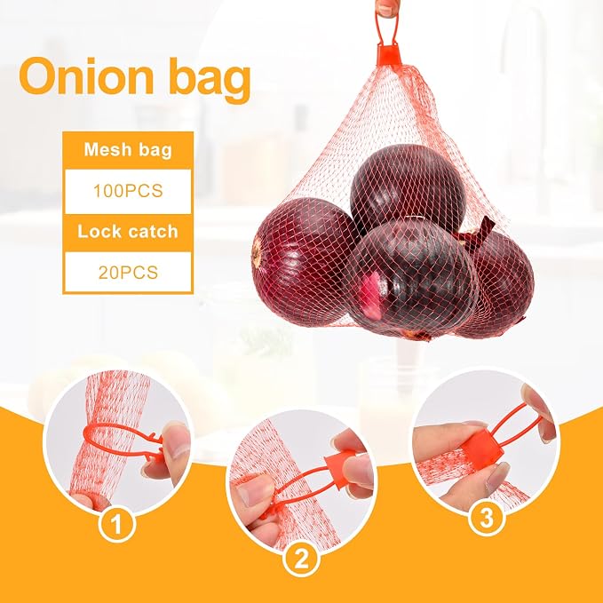 100-Pack Durable Nylon Mesh Bags, 24-Inch Reinforced Storage Bags with Secure Plastic Latches for Produce, Groceries, Toys, and Seafood Boiling