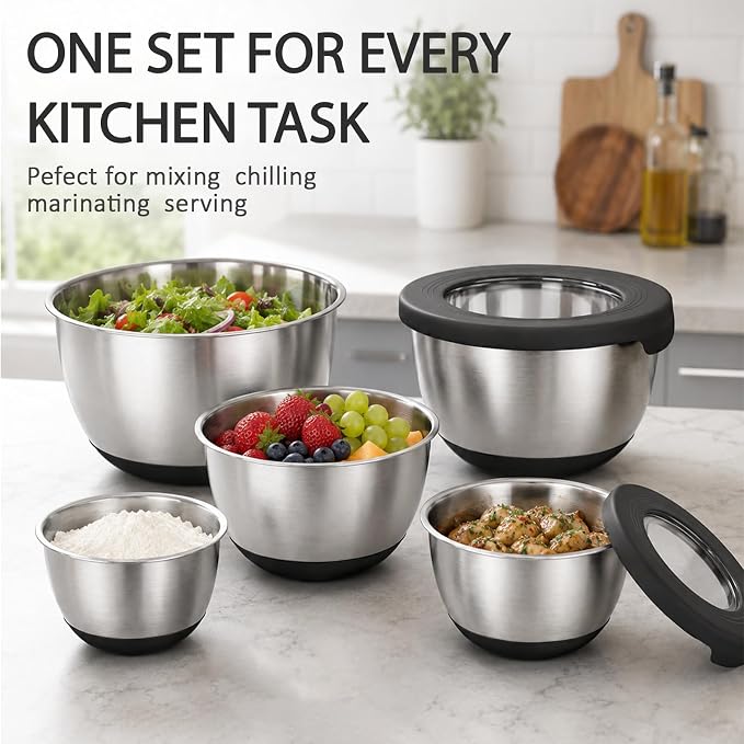KITEISCAT Stainless Steel Mixing Bowls with Lids – Set of 5 Large Nesting Metal Bowls for Kitchen, Baking, Cooking, Food Prep & Storage, Non-Slip Base, Dishwasher Safe,Black