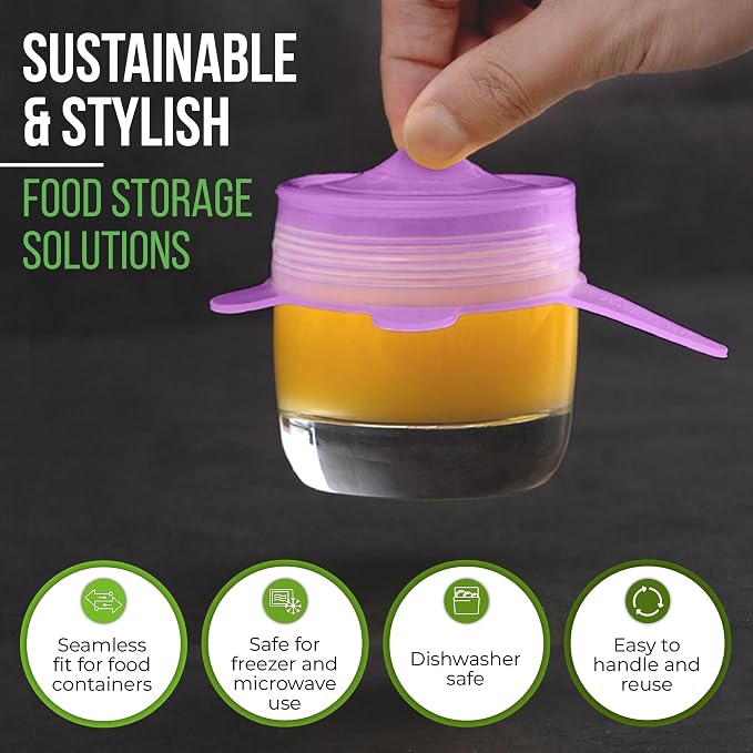 Reusable Silicone Stretch Lids for Food Storage in Fridge - Elastic Heat-Resistant Bowl Covers, Cups, Cans, Jars - Universal Food Grade Lid for Containers - 7 Pack - Purple Stretchy Lid Set