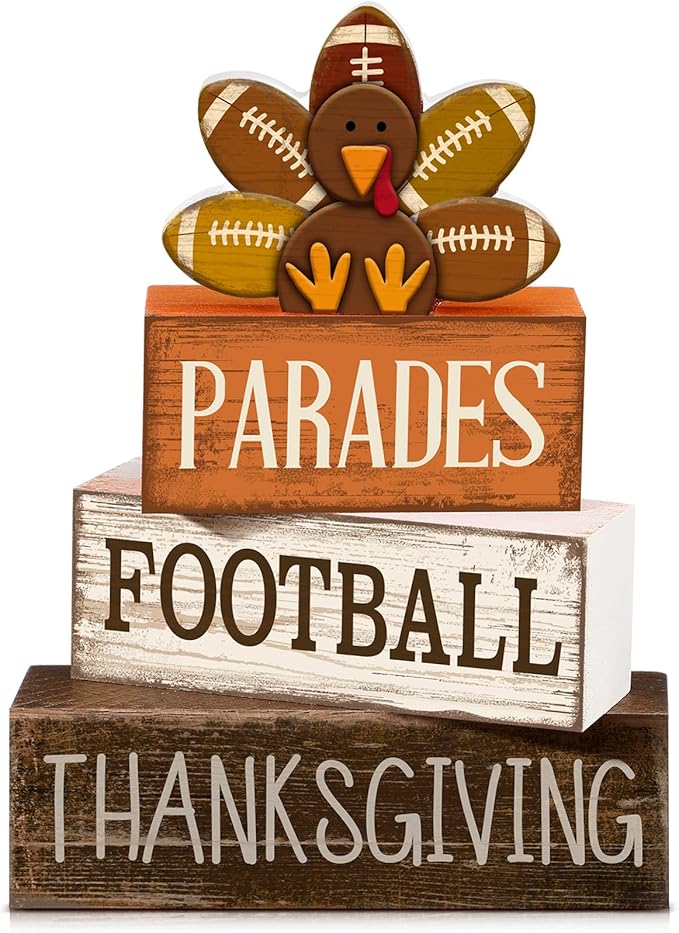 Lineshading 4 Pcs Thanksgiving Football Block Signs Wooden Farmhouse Decor | Rustic Turkey Design, Tiered Tray Decor, Tabletop Centerpiece, Seasonal Display, Gift for Fall Football Gatherings