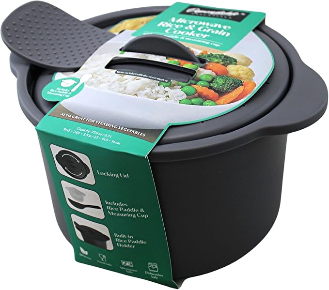 Microwave Rice Cooker and Grain Steamer 2.3L with Paddle and Measuring Cup | 2.3L microwave cooker for rice, grains and vegetables with locking vented lid, paddle and measuring cup