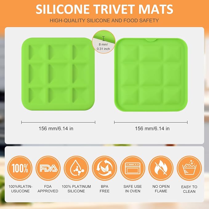 Silicone Trivets for Hot Pots and Pans, Pot Holders Hot Pads 6 Pack Silicone Mats for Kitchen Counter, Soft Durable Drying Mat, Jar Opener and Coasters (Green)