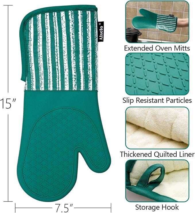 Alselo Silicone Oven Mitts Heat Resistant 932℉ with Waterproof & Non-Slip | Kitchen Mittens Set of 2,Extra Long 7.5"x15" Gloves with Soft Cotton Terry Lining for Baking Cooking BBQ (Emerald Green,2)