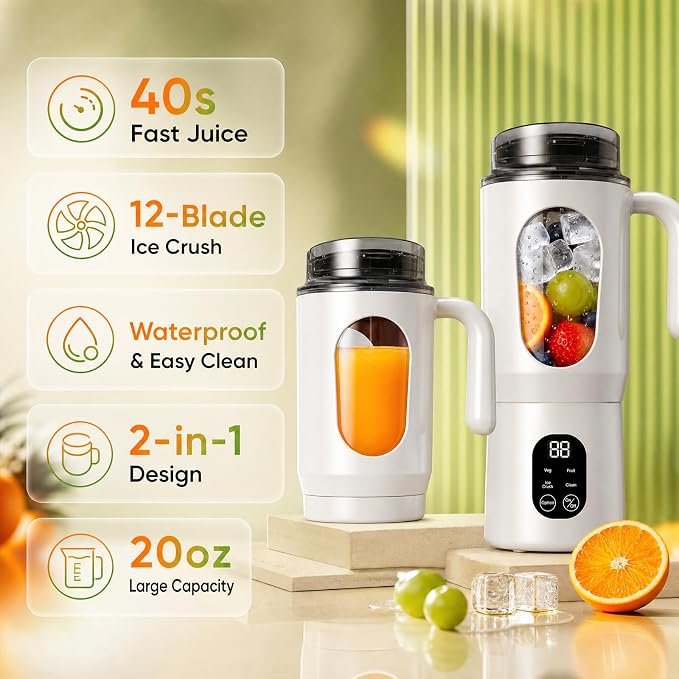 20 oz Portable Blender, 12-Blade USB-C Rechargeable, White | Personal mixer cup with handle for shakes, smoothies, protein drinks, fruit and small ice, self-cleaning design