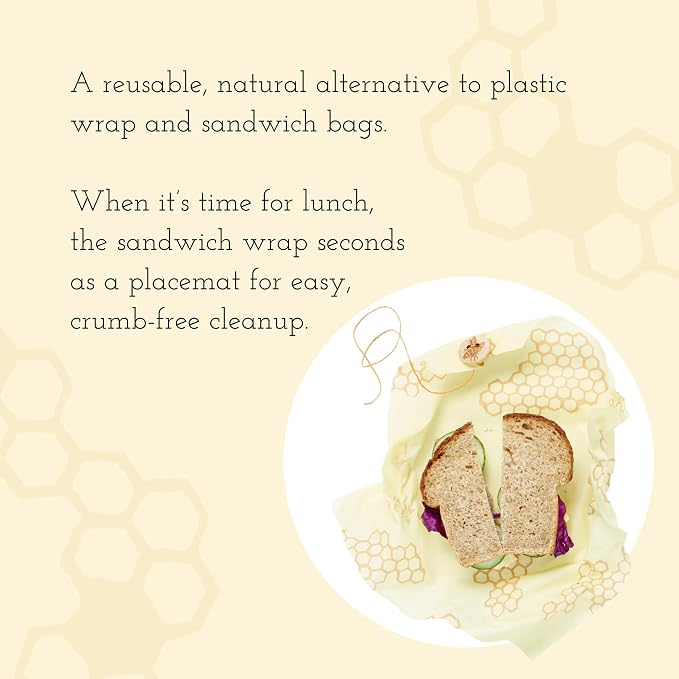 Bee's Wrap Beeswax Sandwich Wrap - Honeycomb | Button & Tie Closure - Plastic Free - Organic Beeswax Wraps - Reusable Lunch Wrap - Sandwiches & Snacks - Made in USA