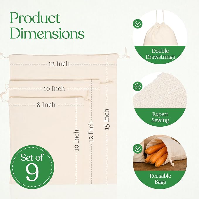 Greenmile Organic Cotton Reusable Produce Muslin Bags