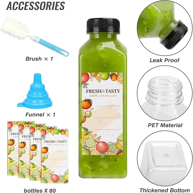 80pcs 16oz Plastic Juice Bottles with Caps, Sticker Labels, Brush | Reusable Empty Juice Bottles with Lids and Labels, Funnel, Brush Beverage Containers for Juicing, Smoothies, Tea, Milk