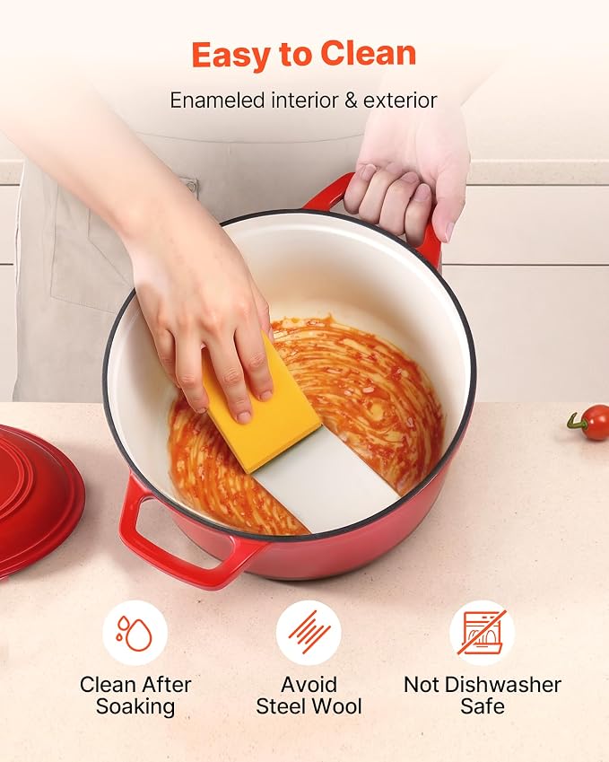 VEVOR Enameled Cast Iron Dutch Oven, 6 Quart Pot with Lid and Dual Handles, Heavy-Duty Durable Cookware Pan, Oven Induction Compatible up to 500℉, for Braising, Stews, Roasting, Bread Baking, Red