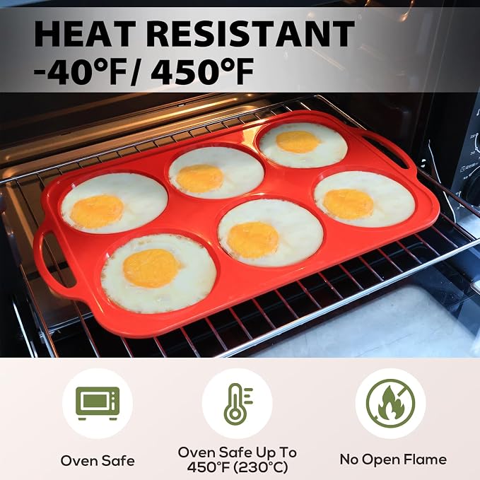 4 Inch Muffin Top Pan Non Stick with Metal Frame, Silicone Egg Molds | for Breakfast Sandwiches, Large Round Whoopie Pie Baking Pan with Handle for English Muffin, Egg Bite and Oven, Red Toeusog