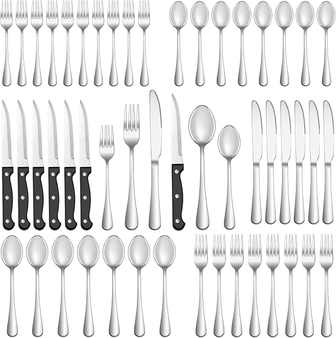 48 Pcs Silverware Set with Steak Knives for 8, Stainless Steel Flatware Set, Mirror Polished Cutlery Utensil Sets, Home Kitchen Eating Tableware Sets, Dishwasher Safe