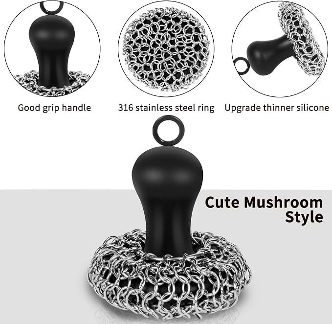 Cast Iron Cleaner Scrubber with Pan Scraper, Patented Chain Mail Scrubber | with Hanging Loop, Metal Chainmail Scrubber Sponge Scrub Brush Cleaning kit to Clean Pan Pot, Skillet, Grill, Dutch Oven, Wok