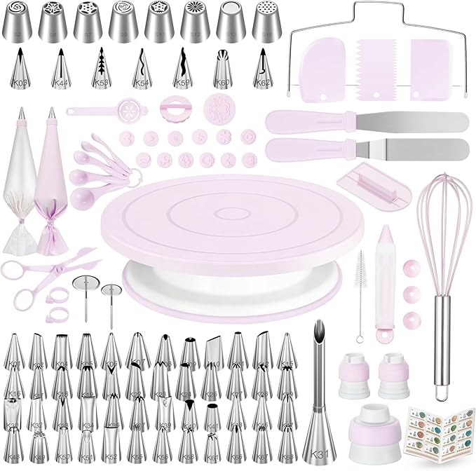 Kootek 158 Cake Decorating Kit Baking Supplies Tools for Beginners & Pros | Cake Stand Turntable, Icing Piping Tips, Disposable Reusable Pastry Bag, Spatulas, Video Tutorial, Pattern Chart