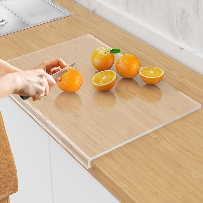 SWSKR Clear Acrylic Cutting Board with Counter Lip 17.5"x13.5" | Non-Slip Base, 60% Thicker, BPA-Free Food-Safe, Easy Clean, Protects Countertops, for Bread Meat Veggies, Kitchen Essential