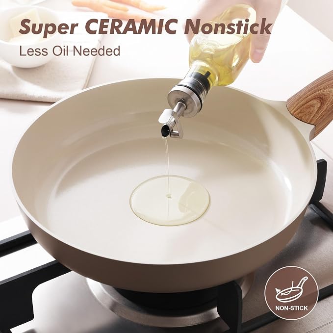 SENSARTE 8inch Ceramic Nonstick Frying Pan Skillet with Lid, Taupe | Non Stick Omelet Pans, Non-toxic Healthy Kitchen Cooking Chefs Pan, PFOA/PFAS/PTFE Free, Induction Compatible