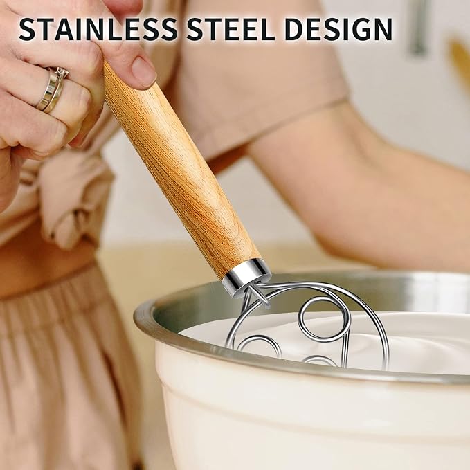 TEEVEA Danish Dough Whisk Wooden Handle Stainless Steel for Sourdough Bread | Dutch Dough Hook, Replaces Hand Mixer and Spoon, Bread Baking Tool, Food Grade Rust Resistant Steel, Non-Stick, Easy to Clean