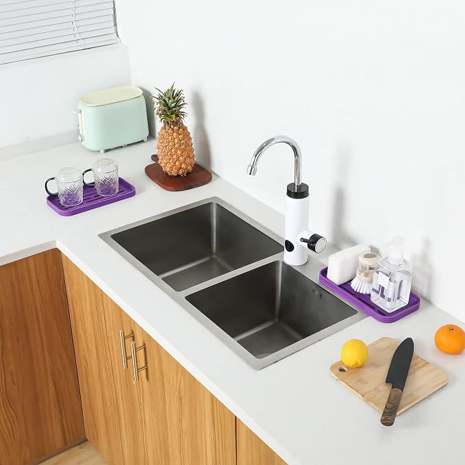 MicoYang Silicone Kitchen Sink Organizer Tray for Multiple Usage,Eco-Friendly Sponges Holder for Kitchen Bathroom Counter or Sink,Dish Soap Dispenser,Scrubber,Bottle,Cup (Purple, 10"×5.3")