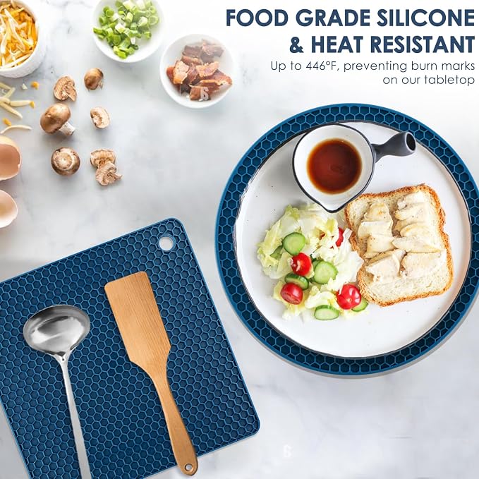 Silicone Trivets for Hot Dishes, 4 PCS Multipurpose Heat Resistant Mat Thick Silicone Hot Pads Pot Holders for Kitchen Counter, Flexible Jar Opener Food Grade Spoon Holder, Indigo Coasters