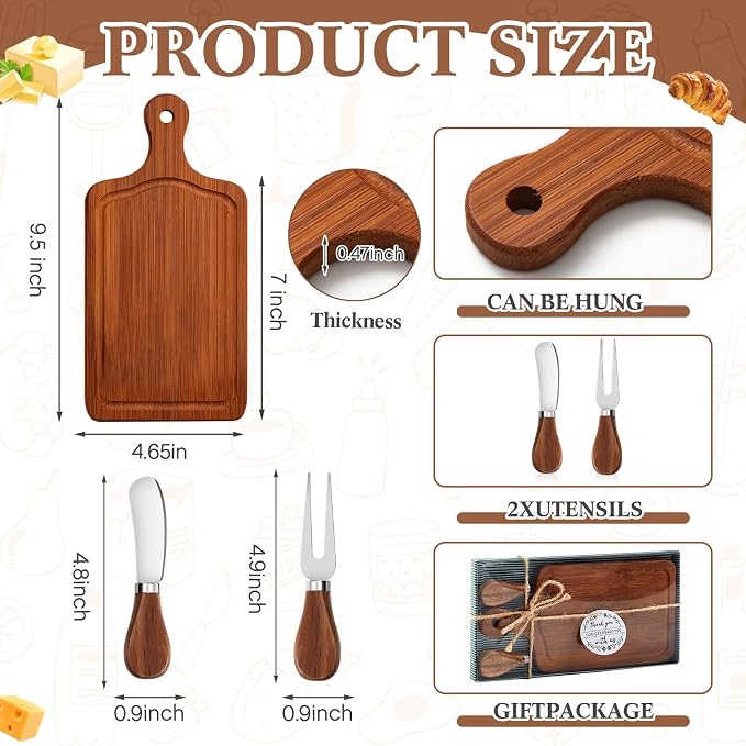 1 Set Bridal Shower Favor Prizes Charcuterie Board,Carbonized Color | Wood Cheese Board with Knife Fork Thank You Tag, Gift Box for Guests, Valentines Wedding Baby Shower Party Favors