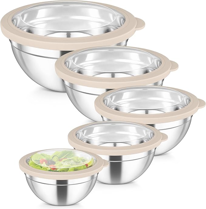 TeamFar Mixing Bowls Set, 4.5/3/1.5/1/0.7 QT Salad Bowl with Lids, Khaki | Stainless Steel Nesting Bowls with Visible Airtight Lids, For Serving/ Mixing/ Storing, Non-Toxic & Dishwasher Safe, Set of 5