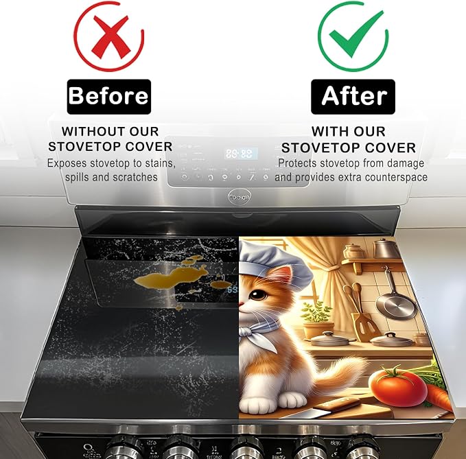 Nuxovilar Chef Cat Stove Cover Diatom Mud 20.47x28.34 In | Glass Protector Countertop Mat Counter Saver Cooktop Cover Kitchen Cooking Area Home Room (Chef Cat Illustration)