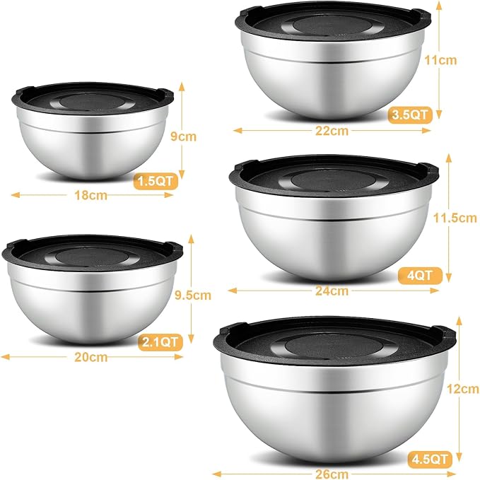 hunnycook 5 Piece Mixing Bowl Set - Mixing Bowls with Lid, Stainless Steel Mixing Bowls for Baking, Size 1.5, 2.1, 3.5, 4, 4.5QT, Baking Bowl for Food Preparation, Mixing and Serving Foods