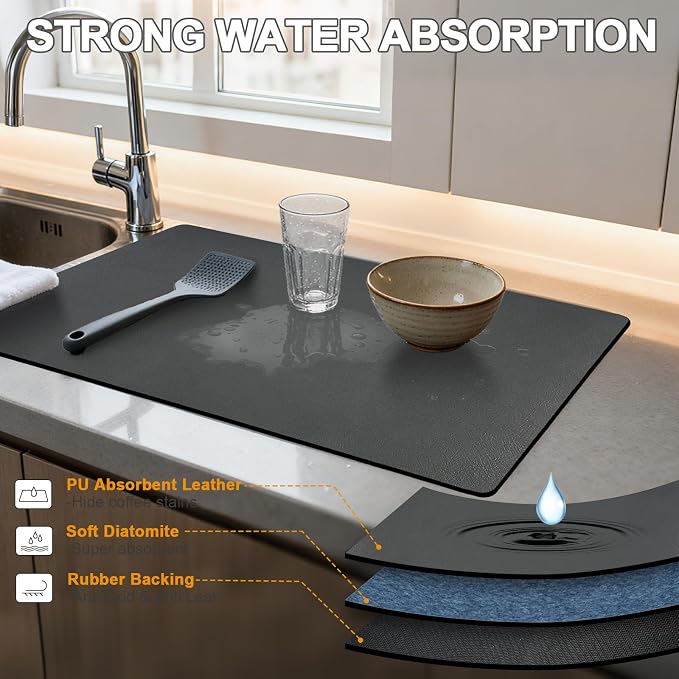 Dish Drying Mats for Kitchen Counter, Waterproof Coffee Mat for Countertop, Under Sink Mats, Coffee Bar Mat Accessories