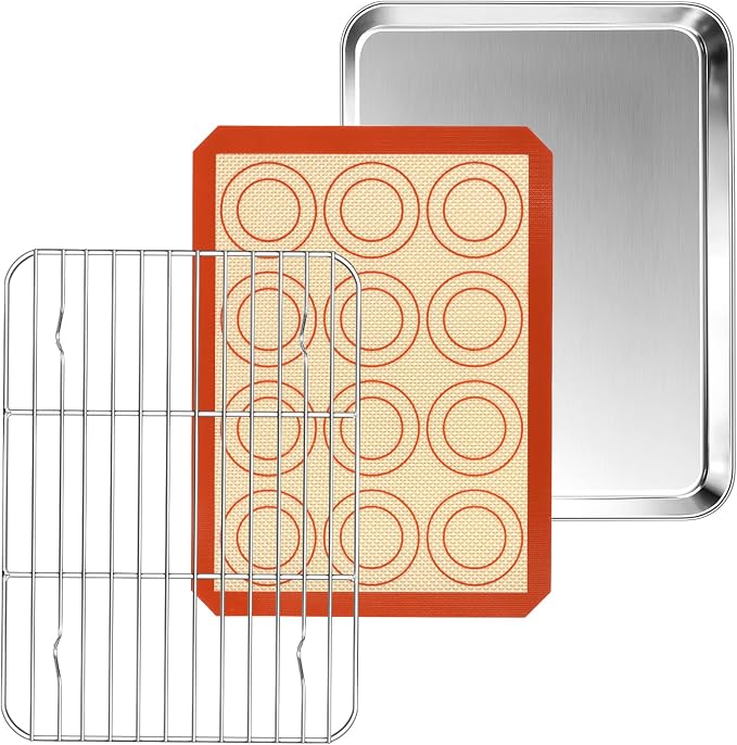 P&P CHEF 10.4 Inch Baking Sheet Pan Cooling Rack with Mat Set for Cookie | Stainless Steel Cookie Pan with Cooling Rack and Silicone Mat for Baking & Roasting, Oven & Dishwasher Safe, Easy Clean