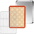 P&P CHEF 10.4 Inch Baking Sheet Pan Cooling Rack with Mat Set for Cookie | Stainless Steel Cookie Pan with Cooling Rack and Silicone Mat for Baking & Roasting, Oven & Dishwasher Safe, Easy Clean