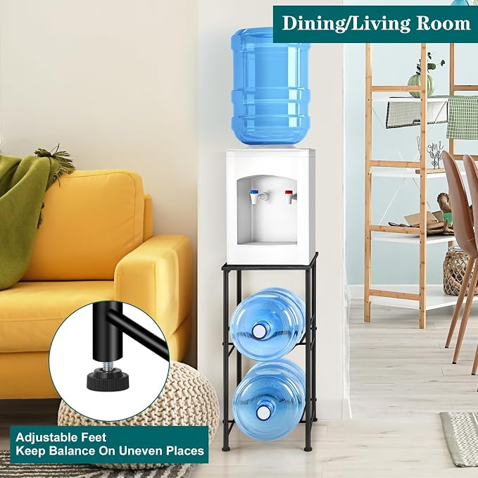 OYEAL Water Bottle Holder 5 Gallon Water Jug Holder with Storage Shelf, 2 Tier Black Water Bottle Rack Stand with 2 Slots for Small Space, Kitchen, Home Office, Living Room
