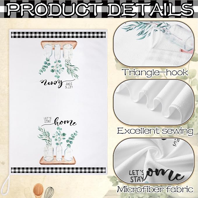 4 Pcs Eucalyptus Kitchen Towels Sage Green Hand Dish Towels Gifts | Absorbent Black White Plaid Fast Drying Decor Housewarming Gift for Cooking Bathroom Kitchen Decor